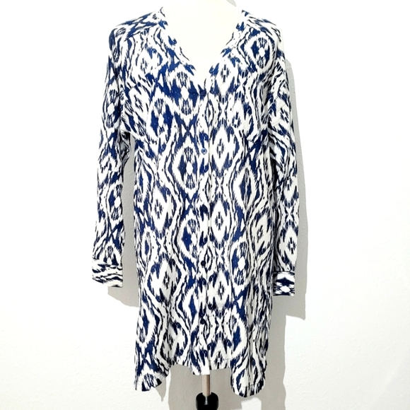 Athleta Ikat Print Tunic Dress Coverup SZ Medium Cotton Silk Blend Navy White - Picture 1 of 12